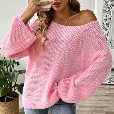 Women Pullover Sweater Tops Spring New Simple Loose One Neck Strapless Flare Sleeve Sweater