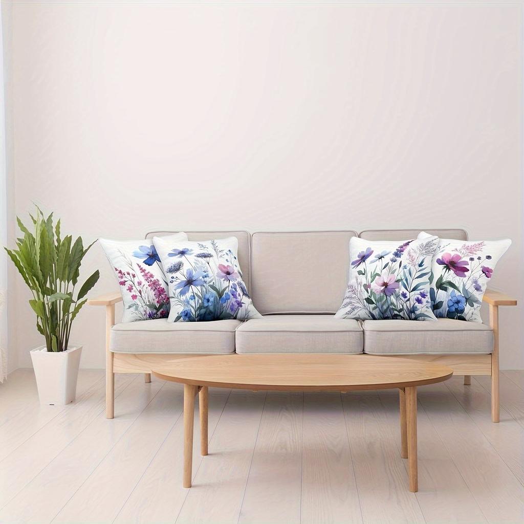Soft Blue & Pink Wildflower Pillowcase: Watercolor Meadow-Themed Cushion Cover For Cottage Core Home Sofa Decor