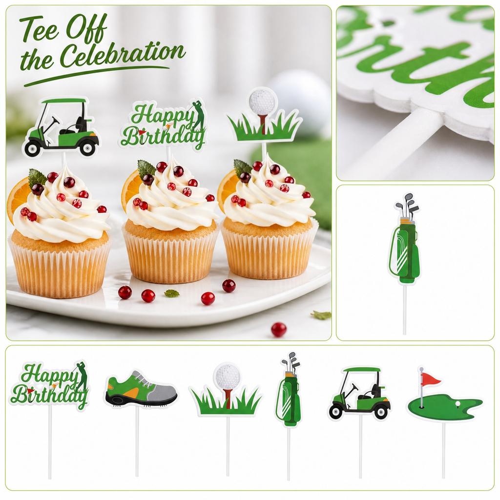 Golf Theme Birthday Cake Toppers 6pcs Set Golf Cart Golf Bag Golf Shoe Golf Ball on Tee Golf Green with Flag Happy Birthday Sign Party Decorations