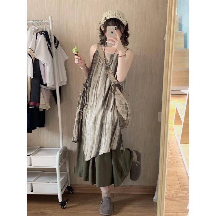 Tie-dye style fake two-piece suspender dress women s summer new design loose and thin dress S