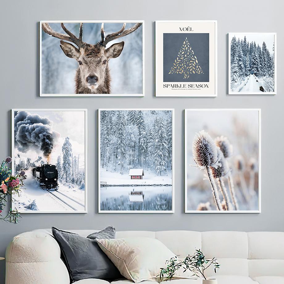 Inverno Neve Foresta Treno Cervo Scoiattolo Pigna Wall Art Canvas Painting Poster e stampe Immagini a parete per soggiorno Decor