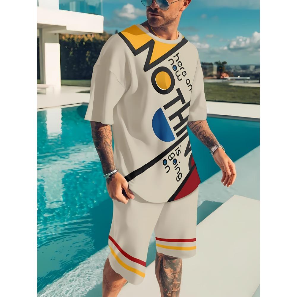 Men's Outdoor Leisure Sports 3D Printed Round Neck Short Sleeved T-shirt and Shorts Set Trendy and Fashionable Men's T-shirt