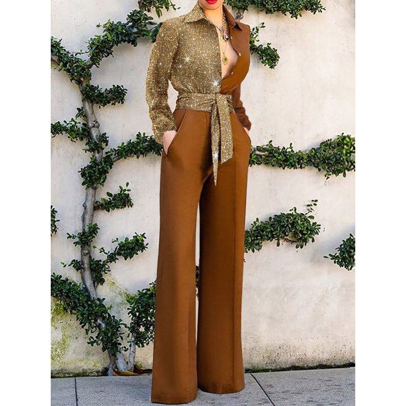 2025 Spring/Summer New Style Independent Website Ebay Hot-Selling Popular European and American Sexy V-Neck Casual Jumpsuit Yellow S