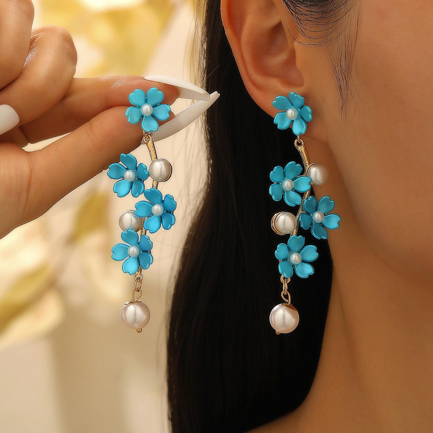 

Bohemian Fashion Romance Fairy Princess Style Imitation Pearl Long Bead Flower Tassel Elegant Earrings For Women 1 pair