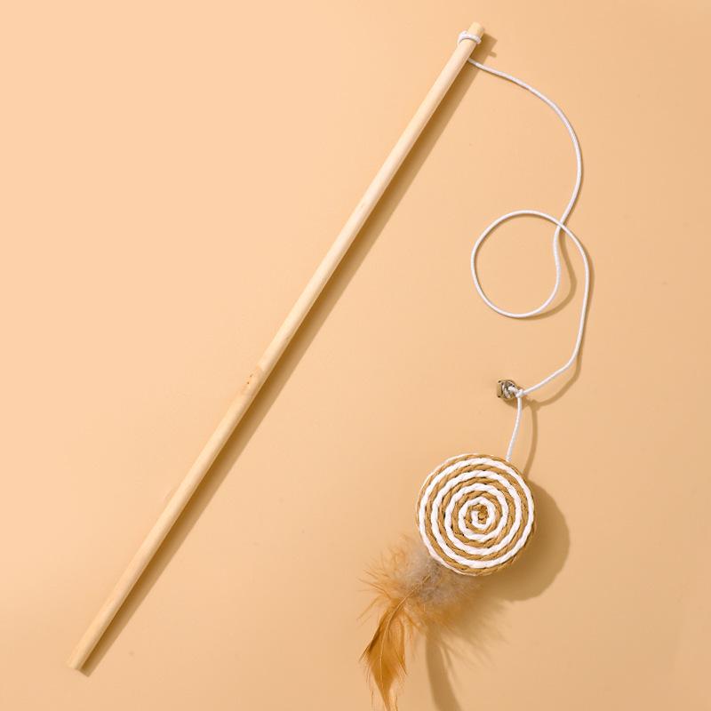 Interactive Gray/White Linen Mouse Cat Wand with Wooden Rod and Handle