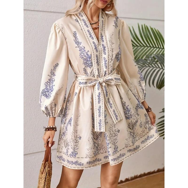 

V-образный вырез модный принт талия длинный рукав платье для женщин L абрикосовый