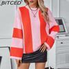 BITCED Women's Color-Block Striped Knit Sweater Fall/Winter Casual Oversized Pullover