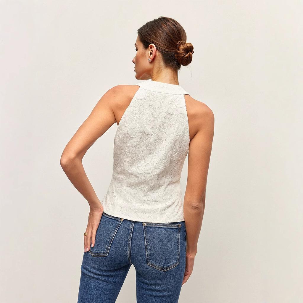 Women's Design V-neck Single-breasted Lace Edge Sensible and Elegant Slim Sleeveless Top