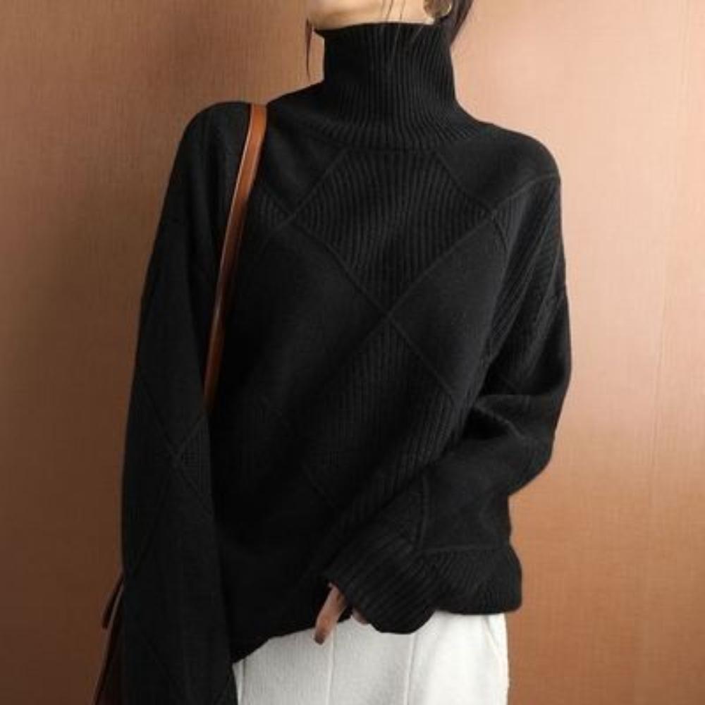 Ladies' High Neck Autumn and Winter Diamond Solid Color Thick Pullover Loose and Lazy Style Knitted Base Sweater