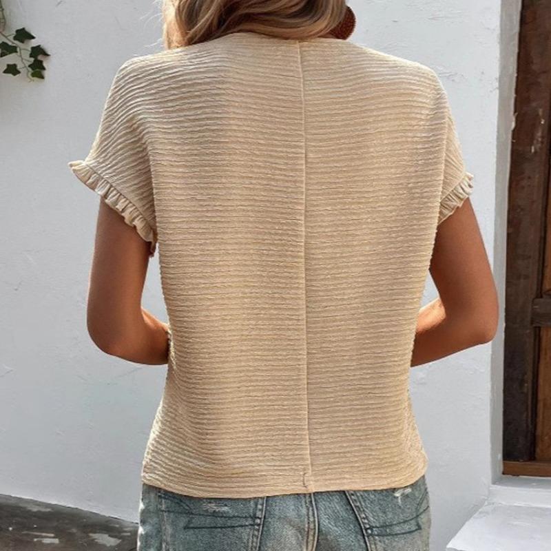 Women Beige Textured Crew Neck Ruffle Sleeve Casual Short T-Shirt