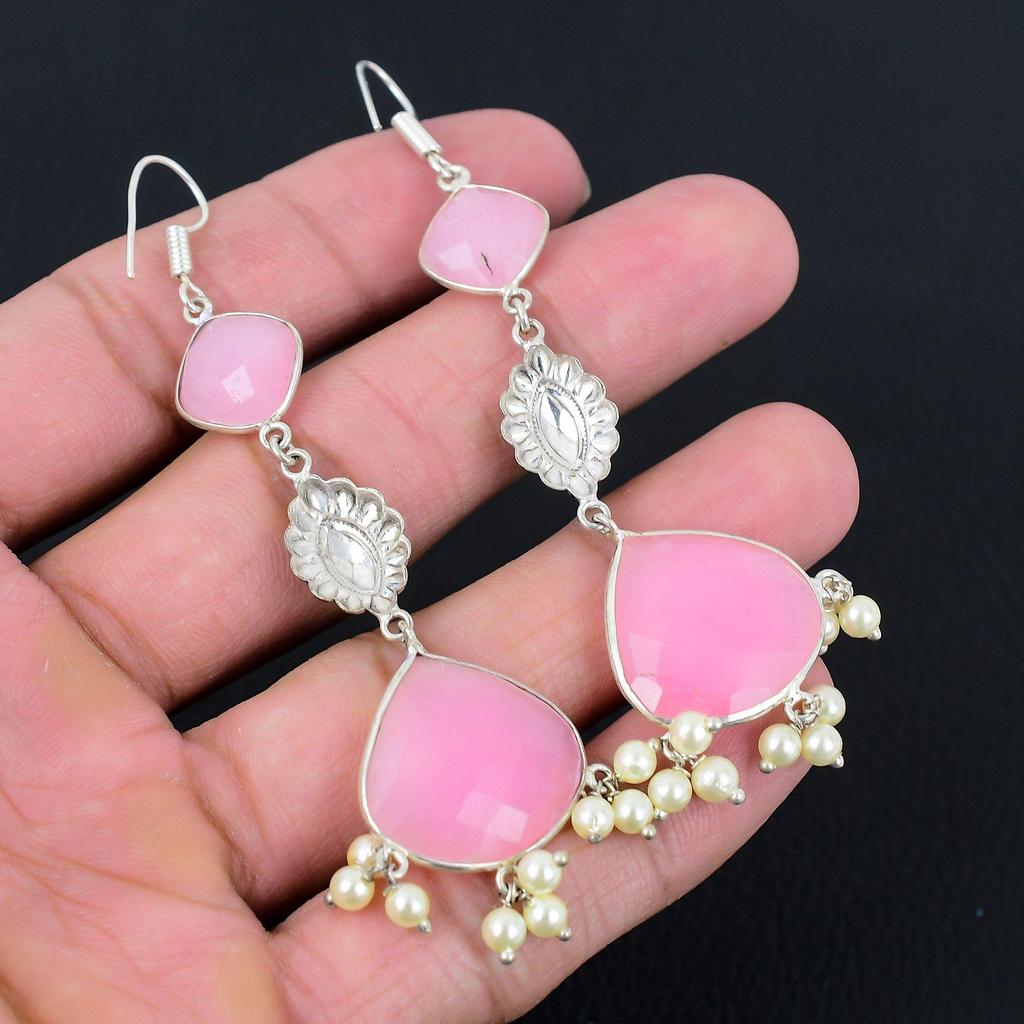 Natural Pink Chalcedony Gemstone 925 Silver Drop/Dangle Earrings For Women