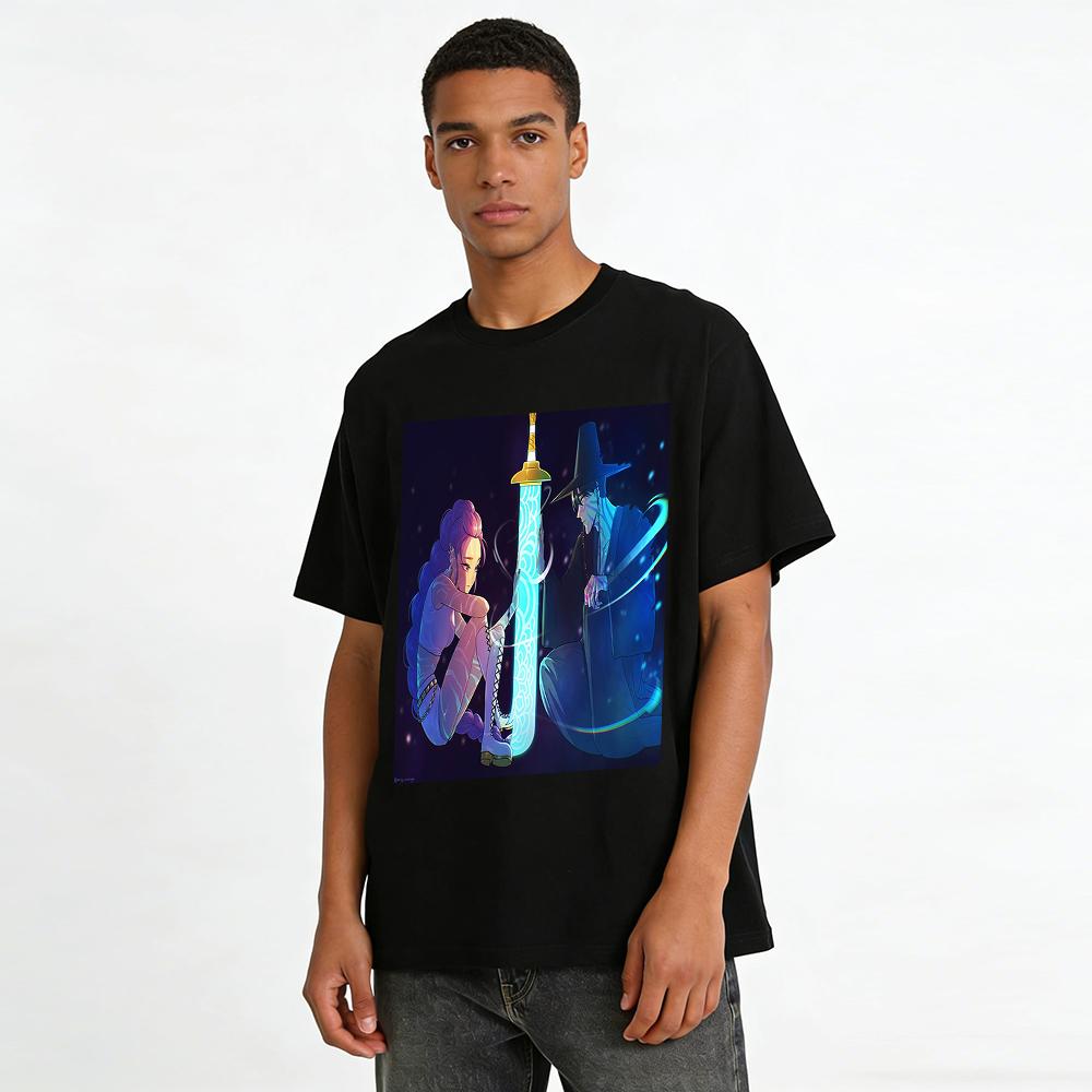 Anime Style Glowing Sword Character Print T-Shirt Trendy Couple Loose Breathable Casual Top Pure Cotton T-shirt