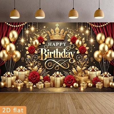 Fondo de Fiesta de Cumpleaños de Lujo Negro y Dorado 2D, Decoración de Fondo con Rosa Roja y Corona