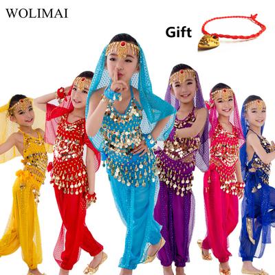 Çocuk Oryantal Dans Kostümleri Seti Oryantal Dans Kızlar Göbek Dansı Hindistan Göbek Dansı Kıyafetleri Göbek Dansı Çocuk Çocuk Hint 6 Renk