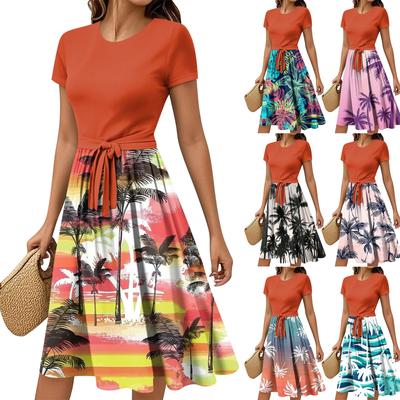 Vestido Elegante Feminino Casual Fashion com Cinto Estampado Vintage Manga Curta Gola Redonda