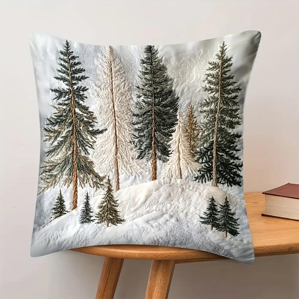 Winter Pine Tree Pillow Cover 2D Embroidered Print Snowy Forest Cushion Case For Sofa Bed Couch Cozy Rustic Cabin Home Decor