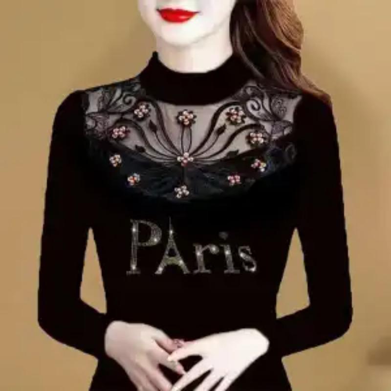 Haut Femme Élégant Patchwork Dentelle Broderie Florale Strass Col Montant T-shirt