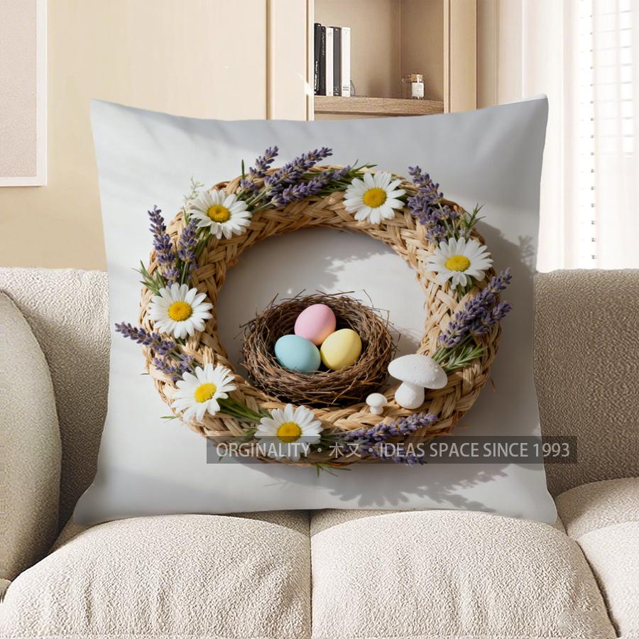 2D Easter Wreath Nest And Eggs Pillow Cover Pattern Cushion Cover Suitable For Sofa Bedroom Car Pillow Cover