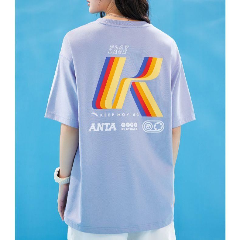 Anta Printed Letter Crew Neck Pullover Short Sleeve T-Shirt Men Tops Purple 152328114-2