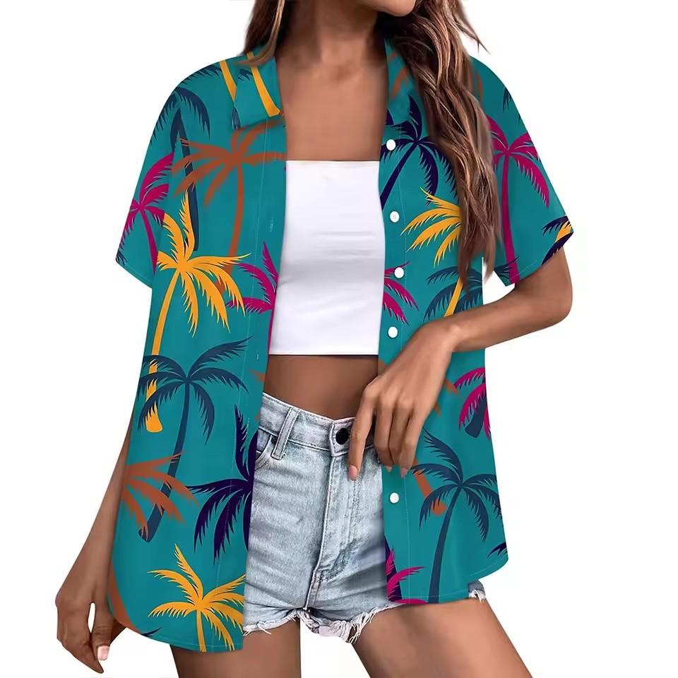 Print Graffiti Cardigan Women Short Sleeve Tops Loose V-Neck Summer Streetwear Shirts Female Single Breasted Casual Blouses 2024