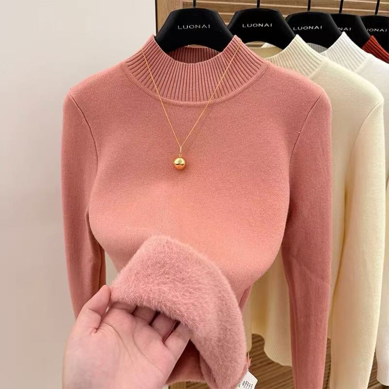 

One-piece Fleece Sweater for Women Semi-high-neck Pullover Knitted Top for Women with Added Fleece and Thickening Autumn and Winter S розовый