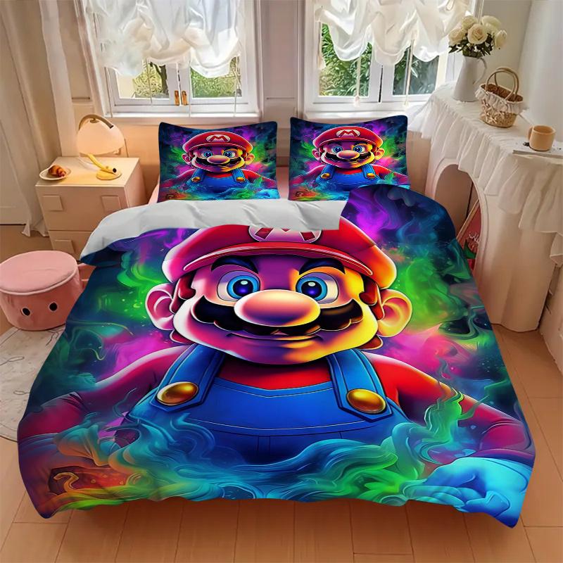 3pcs Colorful Super Mario Bedding Set - Includes 1 Quilt Cover and 2 Pillowcases, Comfortable Bedding with Stylish Design for Bedroom, Machi