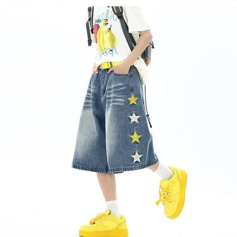 2026 Womens Trendy Denim Shorts Vintage Star Embroidery Straight Leg Casual Jeans