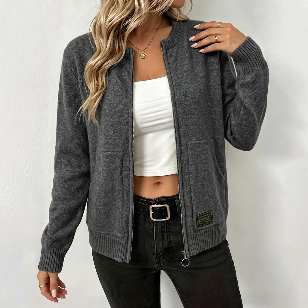 Women's Color Zip-Up Knit Cardigan with Collar and Two Pockets