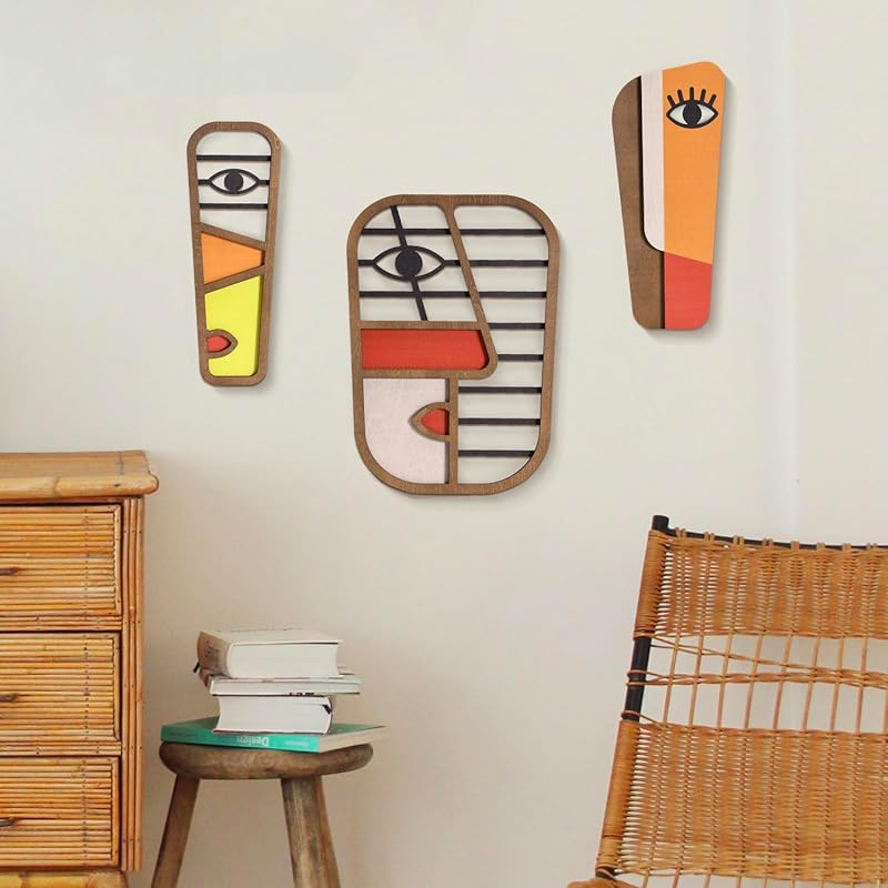 LIFVEAN Abstract Wood Picasso Wall Art Decor - Modern Minimalism Mask Home Wall Decor - Vintage Pop Wall Art for Bedroom Bathroom Living Room (3 12x8.7x1 Inches