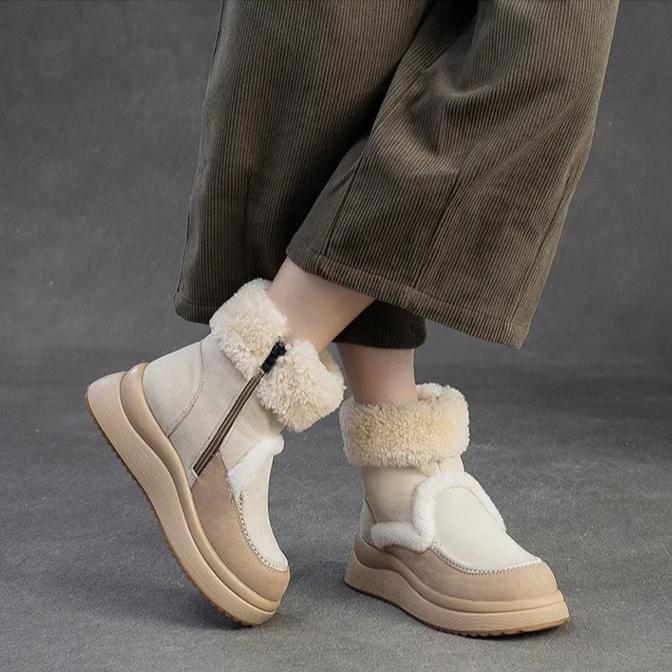 Johnature Warm Genuine Leather Snow Boots With Thick Bottom And Inner Wool Women's Short Boots