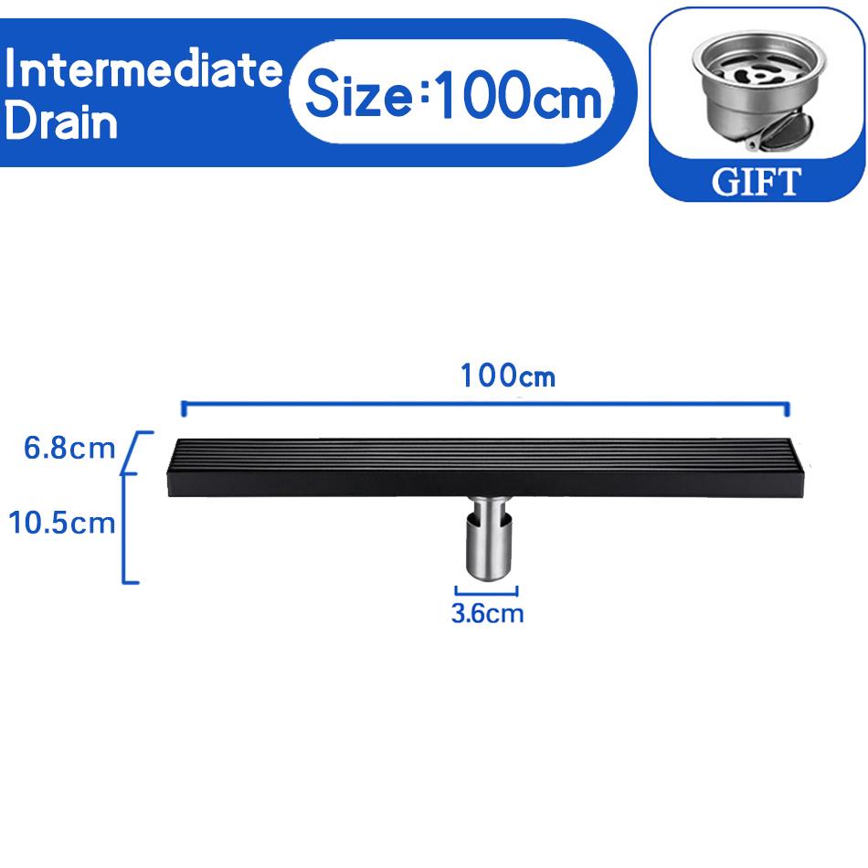 Stripe Floor Drain Black 304 Stainless Steel Solid  Bathroom Shower Long Linear Water Drainage Side Floor Drains Cover 60-100cm