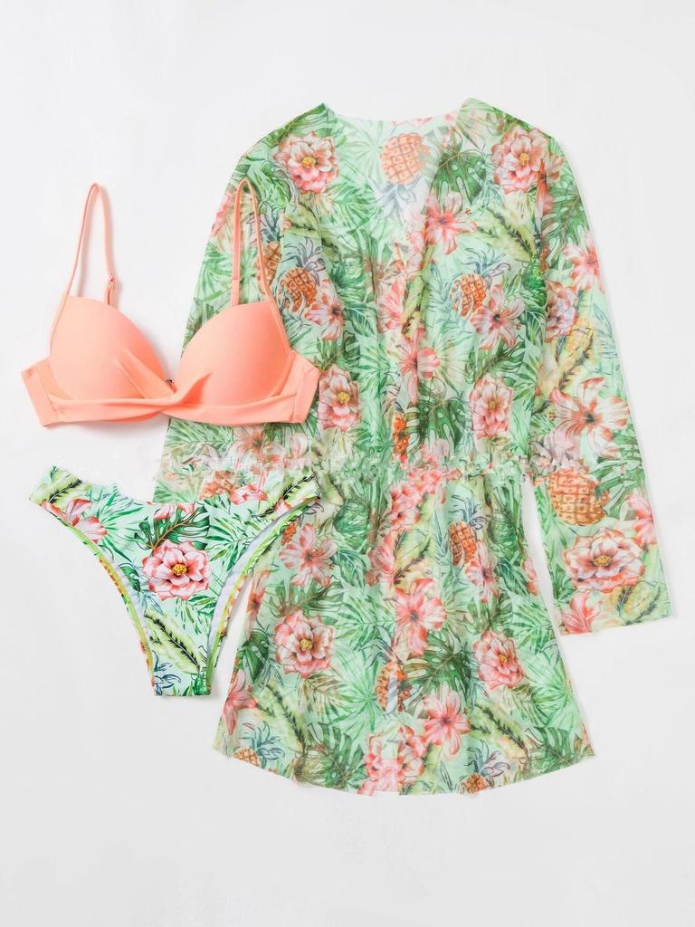 2023 European & American Women's Three-Piece Bikini Set with Cardigan, High-Waisted Bottoms, and Sunscreen Cover-Up.