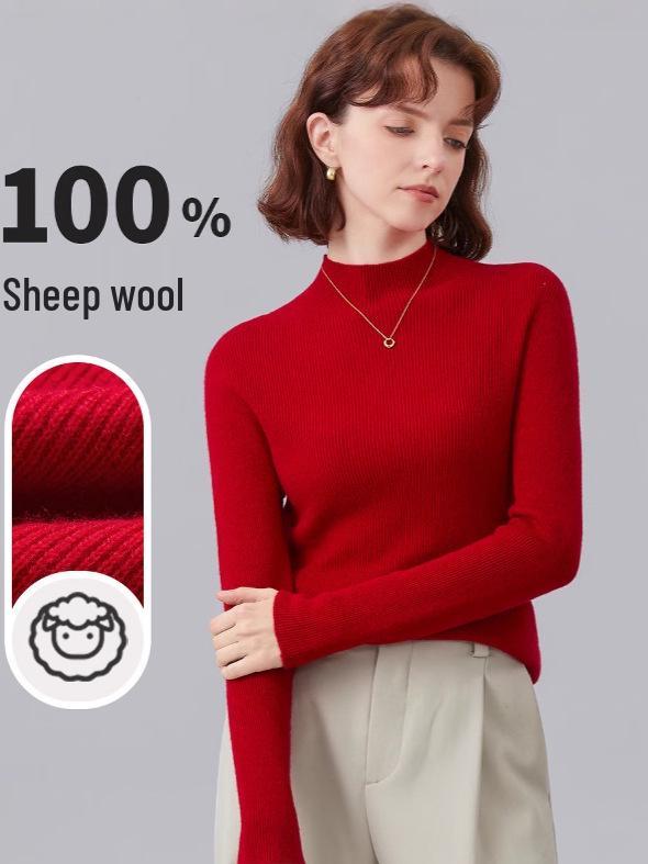 Women's Fine Wool Seamless Knit Shirt, Semi-High Neck Base Layer, Winter Inner Wear