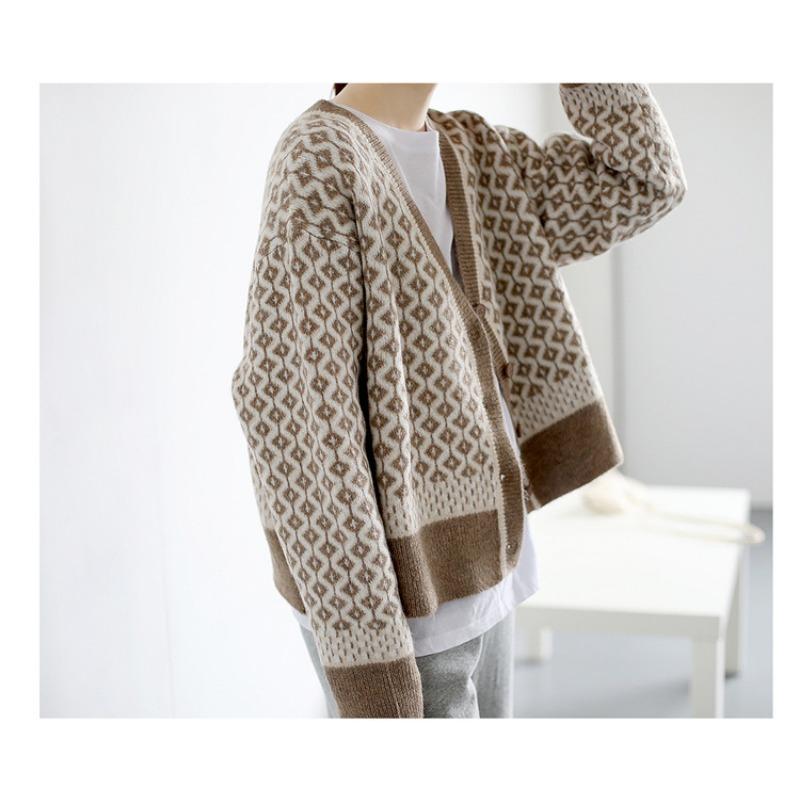 Women Loose Thick Plaid Color Block V Neck Long Sleeve Knitted Cardigan Sweater Coat