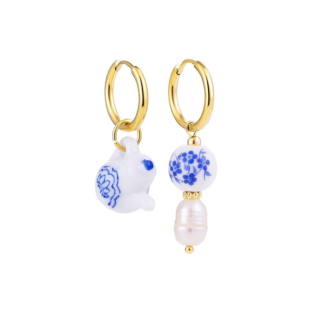 Vintage Geometric Natural Stones Ethnic Chinese Style Blue Flower Ceramic Heart Beads Stainless Steel Round Hoop Earrings