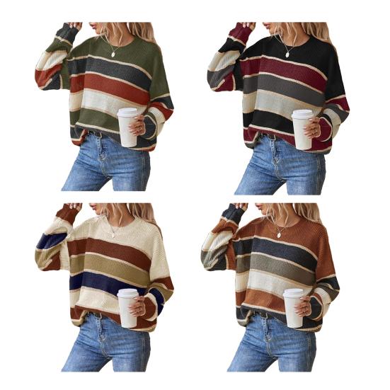 Women Sweater Round Neck Long Sleeve Knitted Tops Striped Print Loose Fit Soft Elastic Warm Winter Sweater
