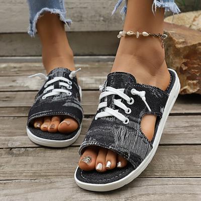 Summer New Large-sized Denim Fabric Lace-up Slip-on Sandals for Women - Round Toe Flat Casual Sandals