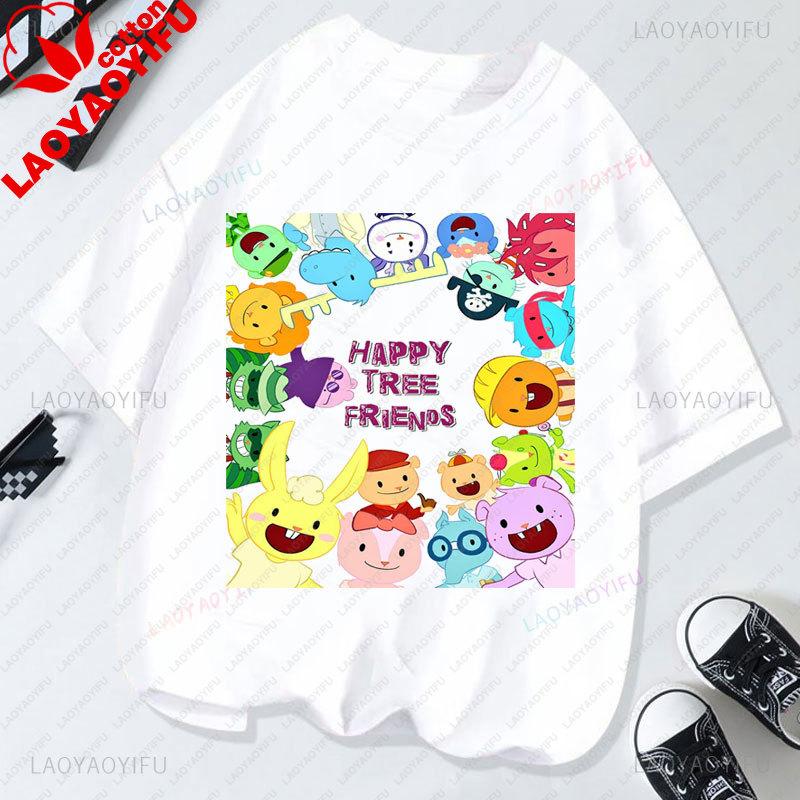 Camiseta Happy Tree Friends Estilo Kawaii Lindo Abrazos Dibujos Animados Gráfico Manga Corta Camiseta Oversize Casual Divertido Ropa Y2k