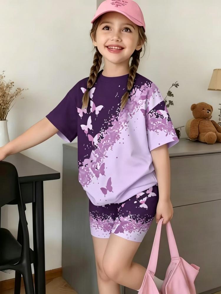 Whimsical 3D Butterfly Print 2 Piece Kids Summer Casual Set Lightweight Short Sleeve Shorts For Unisex Boys Girls