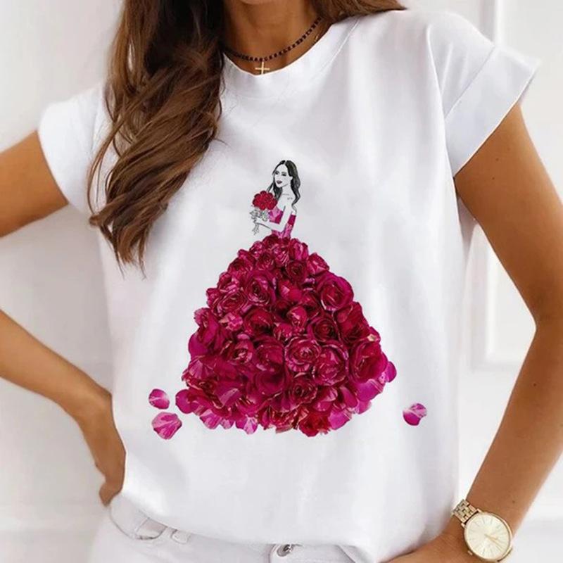Módní kreativní 3D Rose Flower Grafika Dámské Tričko Letní halenka 90S Volný Trička s krátkým rukávem Bílý výstřih do O Dámské topy Oblečení