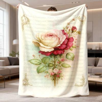 2026 Latest Flannel Blanket Vintage Floral Rose & Roses Print Flannel Blanket DoubleSided Throw with Elegant Script Design, AllSeason Cozy Blanket for