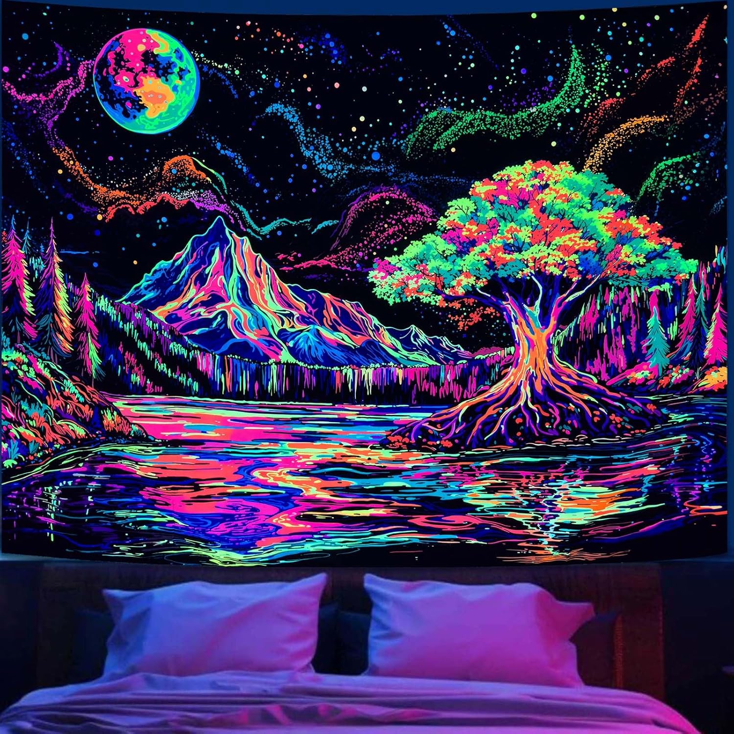

VIKAMA Black White Celestial Starry Night Tapestry Moon Mountain Dark Forest Wall Hanging Aesthetic Bedroom Home Decor 74x94cm(29x37in)