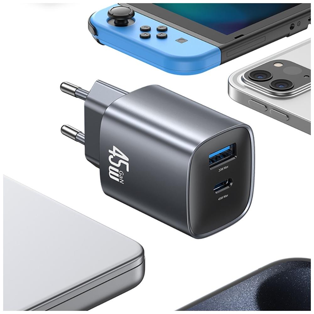 USAMS CC290 T66 45W GaN Wall Charger 1xUSB-A 1xUSB-C Silver