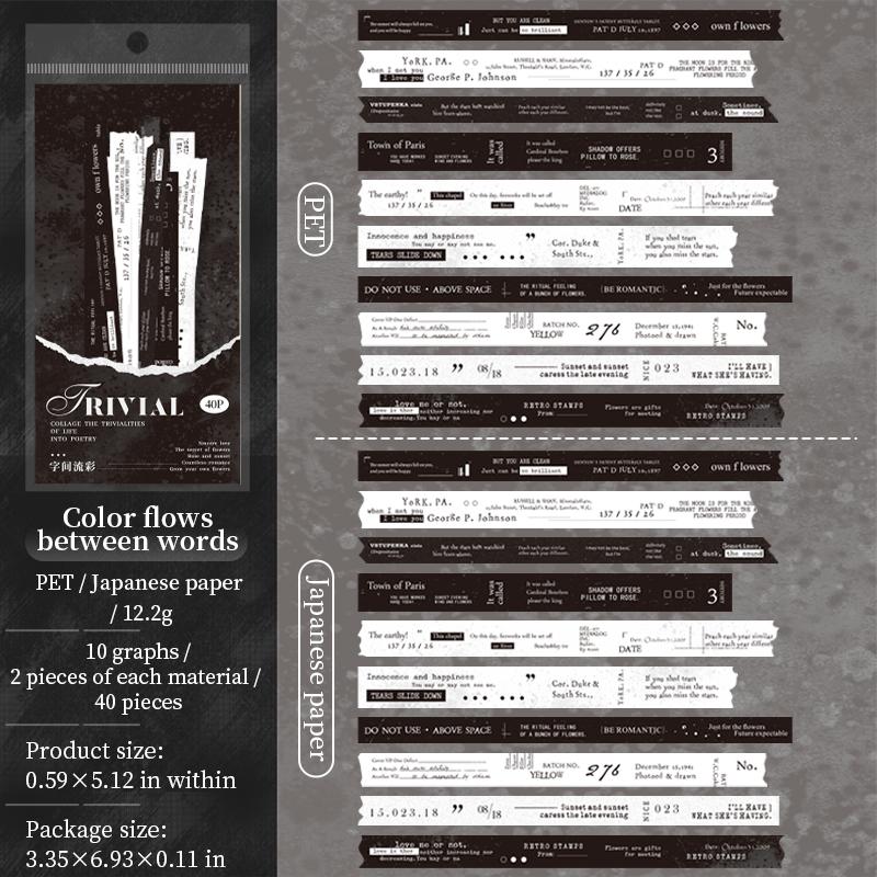 PET Washi Paper Dual Material Long Strip Sticker Bag Art Manuscript Text Pattern Sticker Creative Hand Account DIY Decoration