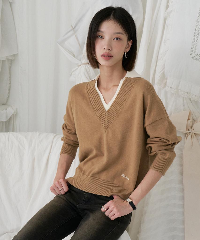 VLETI Contrast Collar V-Neck Embroidery Layered Knit (Beige)