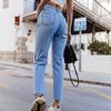 Women Button High Waist Pocket Elastic Hole Jeans Trousers Slim Denim Pants