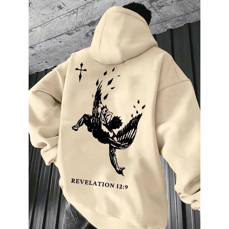Avrupa Erkek Melek Baskılı Kapüşonlu Polar Sweatshirt - Sonbahar/Kış Günlük Bol Kesim