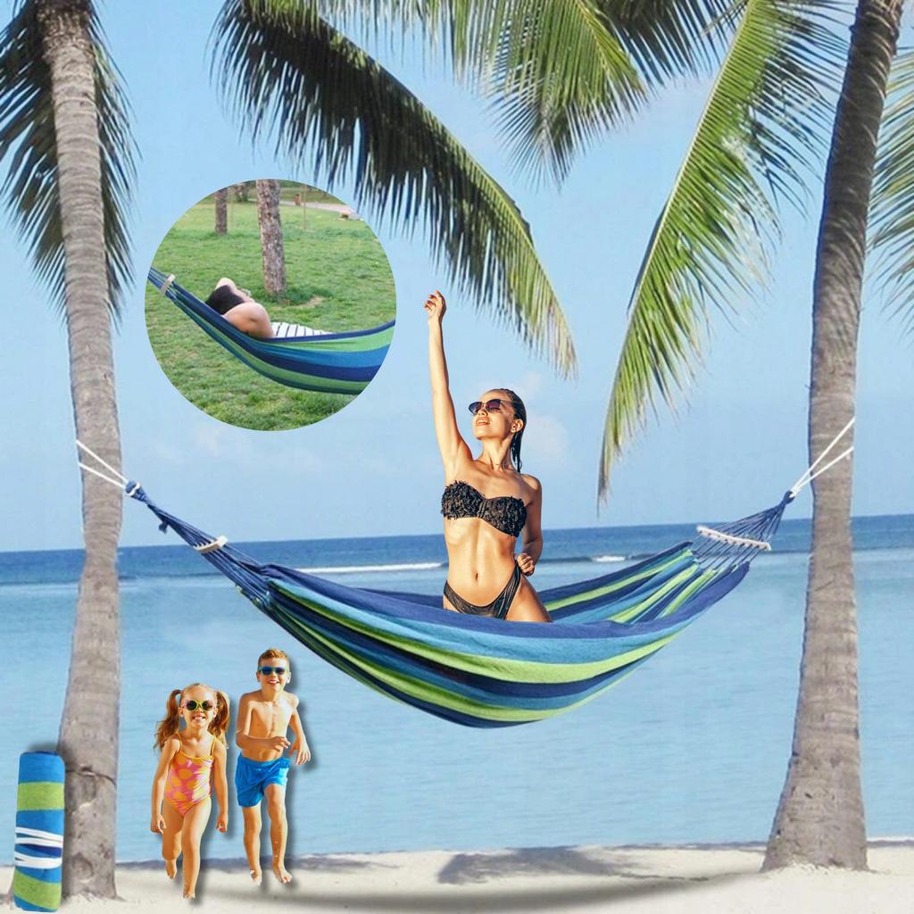 Double Hammock De Gardina 260×150 Cm GALAXIA® Blue Green Wooden Bar Cotton Double Hammock