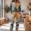 Women's Casual Pajama Set with Round Neck Long Sleeve and Wide Leg Pants for Sleep