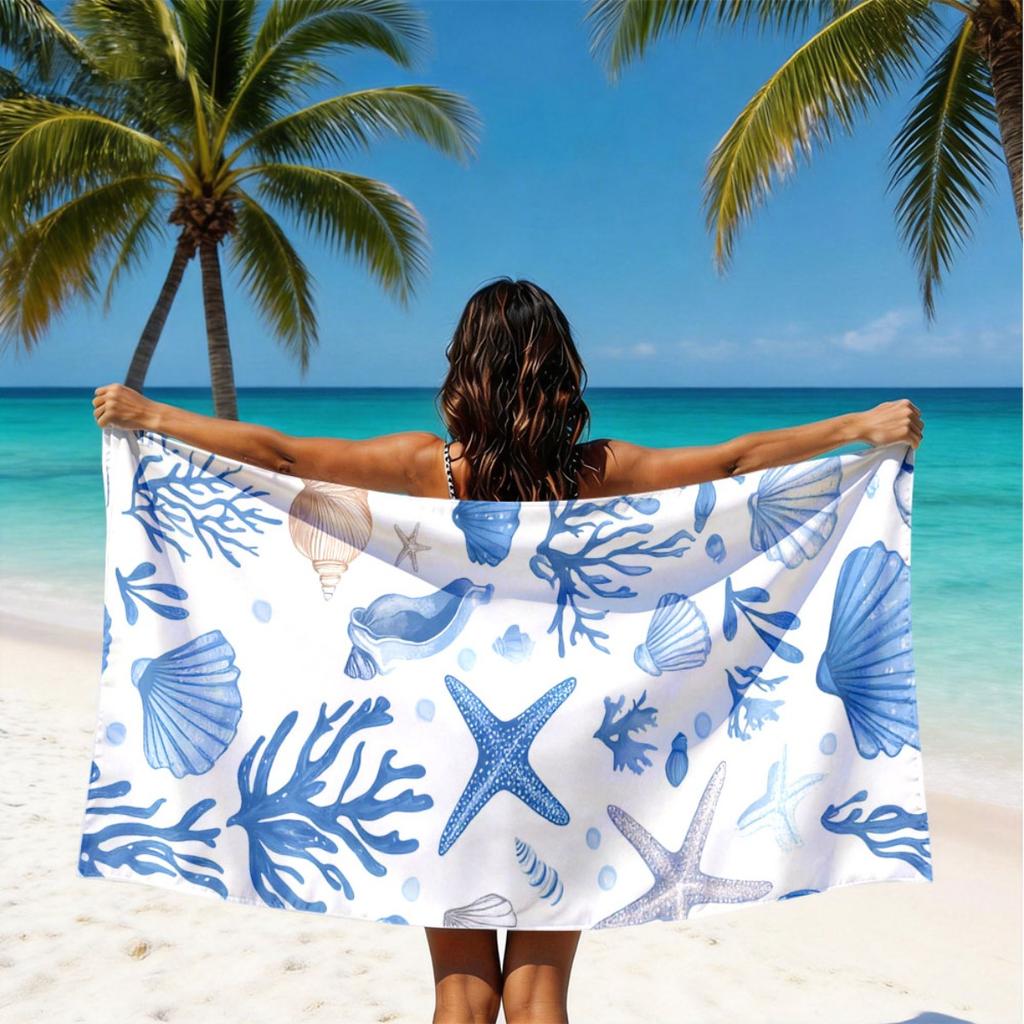 Nautical Sea Shell 2D Flat Printed Microfiber Beach Towel Waterproof Sandproof Summer Vacation Pool Bath Blanket Gift